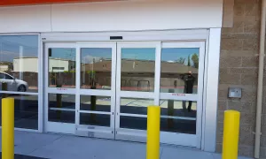 Dura guard automatic sliding door to a building.