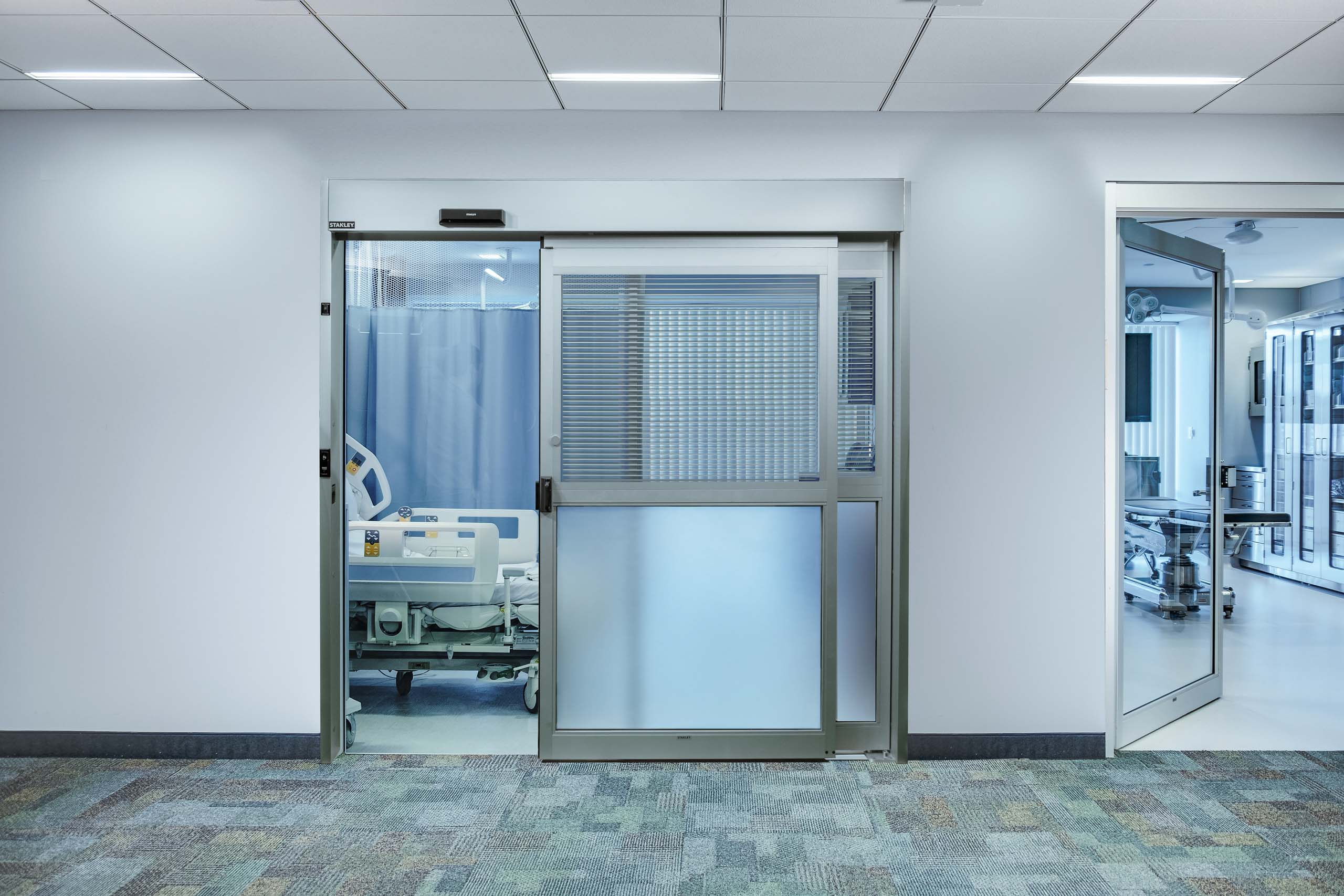 An automatic door in a hospital setting.