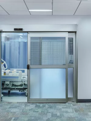 An automatic door in a hospital setting.