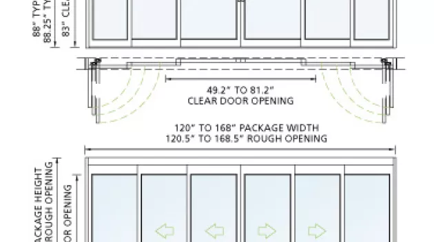 A drawing of a 6 panel telescoping icu door.