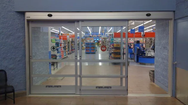 A set of bypass doors to a store.