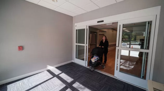 A set of sliding doors at the new horizons village building.