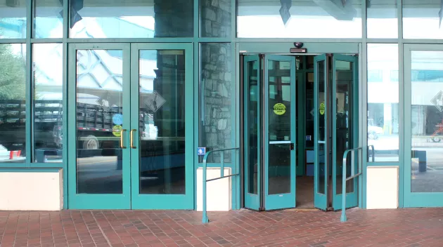 A set of folding doors to a building.