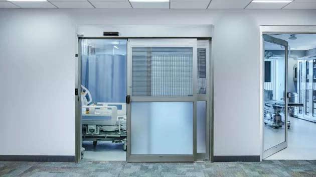 An automatic door in a hospital setting.