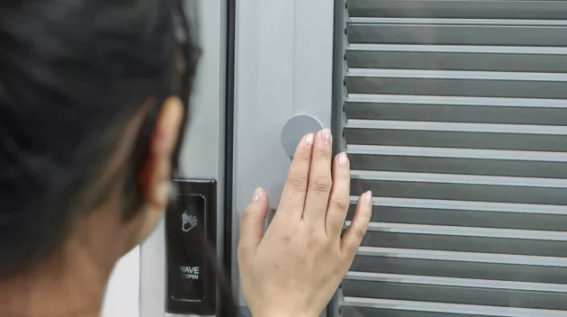 A door that has blinds built in used in a hospital.