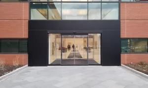 A set of all glass sliding doors.