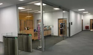 A glass door in an office.