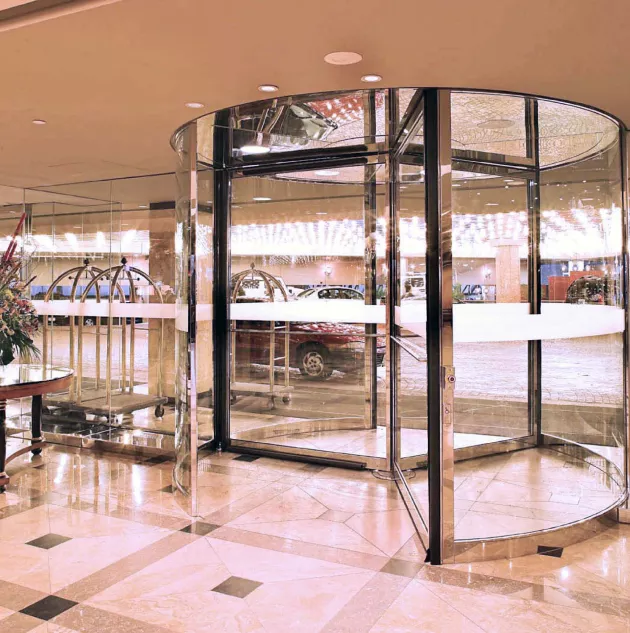 A set of revolving doors to a building.