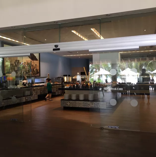 A set of glass doors in a store.