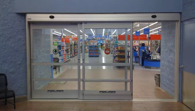 A set of bypass doors to a store.