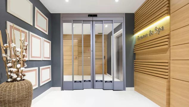 A set of spa doors that are closed.