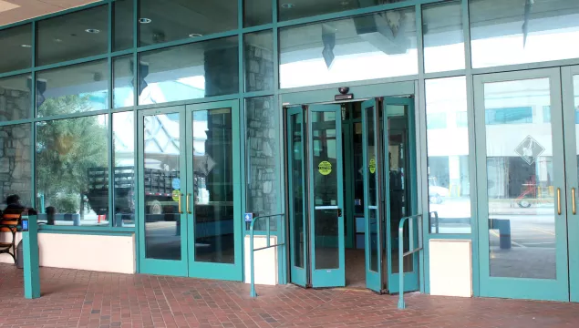 A set of folding doors to a building.