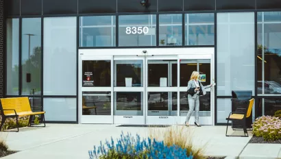 A set of sliding doors to a building.